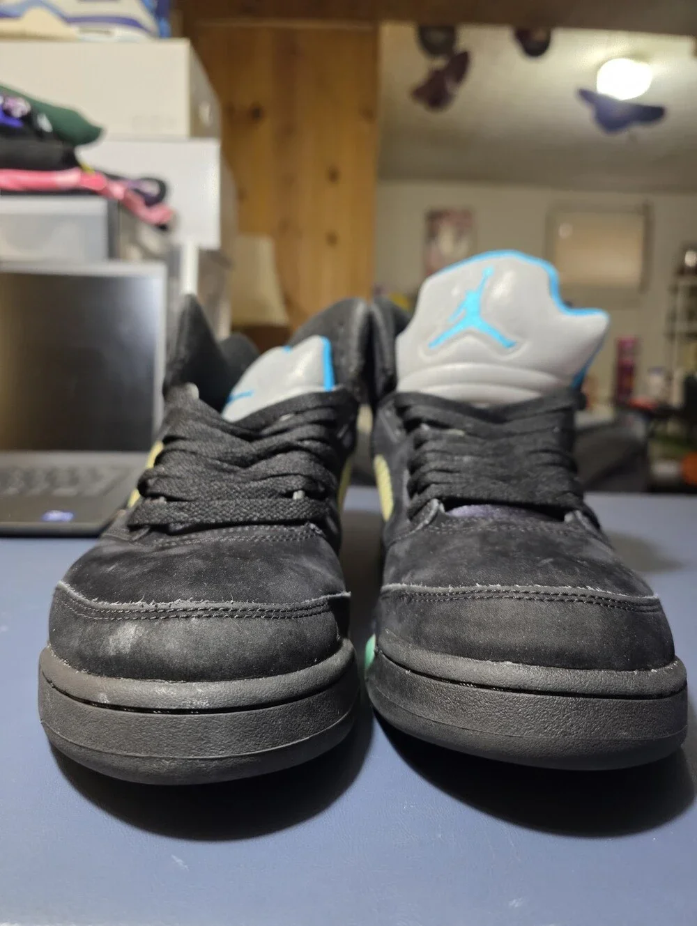 Air Jordan 5 Aqua Black Suede Low Sneakers with Blue Accents Size 10.5m